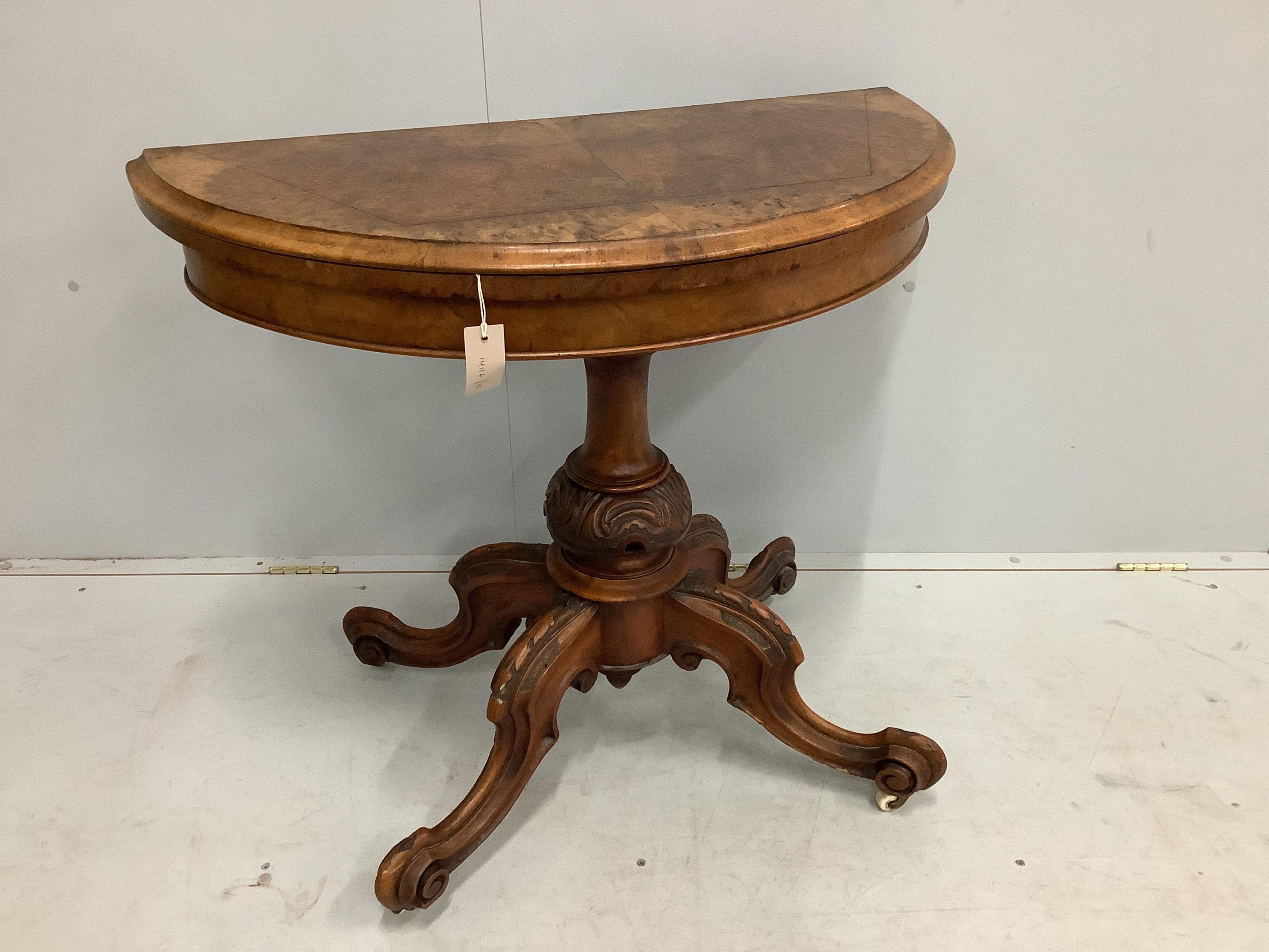 A Victorian burr walnut D shaped folding card table, width 91cm, depth 45cm, height 75cm